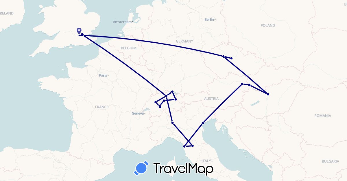 TravelMap itinerary: driving in Austria, Switzerland, Czech Republic, Germany, United Kingdom, Hungary, Italy, Liechtenstein, Slovakia (Europe)